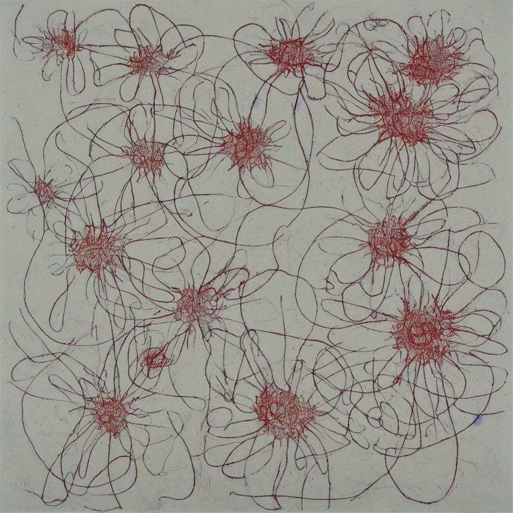 Image similar to a drawing on squared paper representing flower and stain and scribbles by cy twombly, gallery art, contemporary