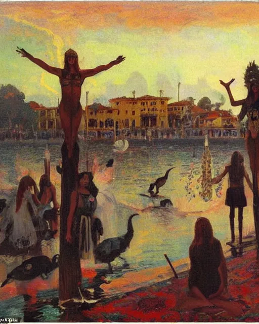Image similar to magical pagan venice with occult atmosphere and carneval paganism rituals, style of australian tonalism