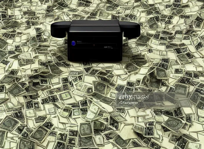 Image similar to surrealist art of nintendo 6 4 console in front of stacks of money