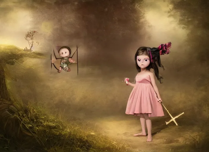 Image similar to a little girl with a cross fights off terrified demons, clear face and bright eyes. 8 k, matte painting, lowbrow in the style of lilia alvarado, mark ryden and martin johnson heade,