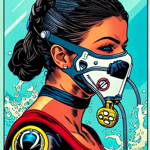 Prompt: tarot card of portrait of a female diver with a oxygen mask intricate detailed mask with front profile by MARVEL comics and Sandra Chevrier