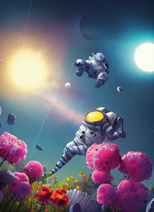 Image similar to An epic fantastic realism comic book style astroneer painting of the most beautiful flowers launched into space, bouquets, solar eclipse, fisheye, unreal 5, DAZ, hyperrealistic, octane render, dynamic lighting