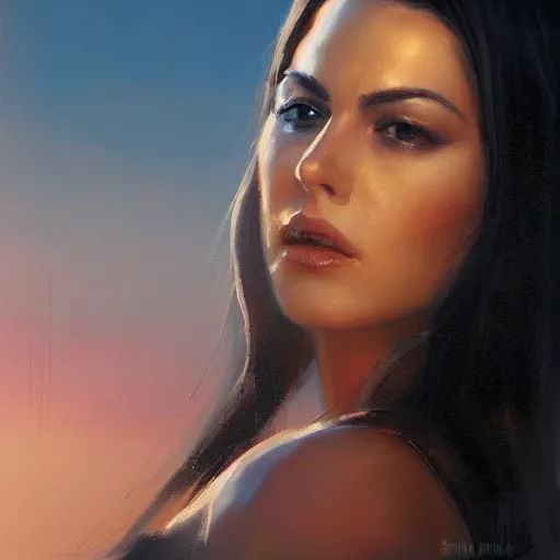 Image similar to a closeup portrait of monica belucci, dramatic light, city background, sunset, high contrast, sharp, painted by stanley lau, painted by greg rutkowski, painted by stanley artgerm, digital art, trending on artstation