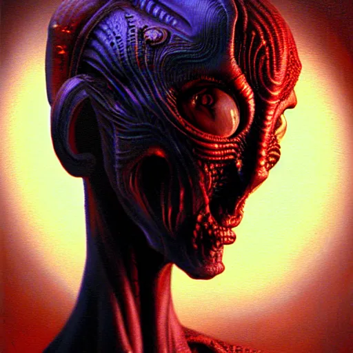 Image similar to ultra realist horror painting of a dimly lit attractive alien female and hellish creature together, very intricate details, focus, curvy, full frame image, artstyle hiraku tanaka and craig mullins, award winning