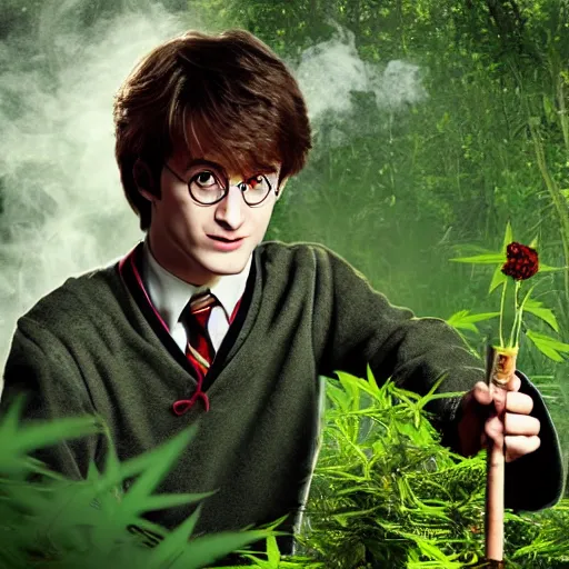 Image similar to harry potter with red eyes in a jungle of weed plants, holding a joint as his wand, his wand he is holding is a joint, smoke coming out of it, and smoking weed and surrounded by green dense weed kush plants, smoke in front, smoke behind, smoke background, red bloodshot eyes, smoking weed, hyper detailed, cinematic lighting, studio quality, smooth render,