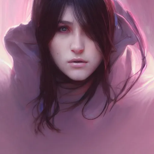 Image similar to angry girl, portrait, ice magic, long face, sharp features, black hair, dark robe, art by artgerm and greg rutkowski and alphonse mucha, trending on artstation, cinematic light, pastel colors, volumetric shading, high radiosity dull skin, global illumination, radiant light, soft light, soft color dodge, subsurface scattering