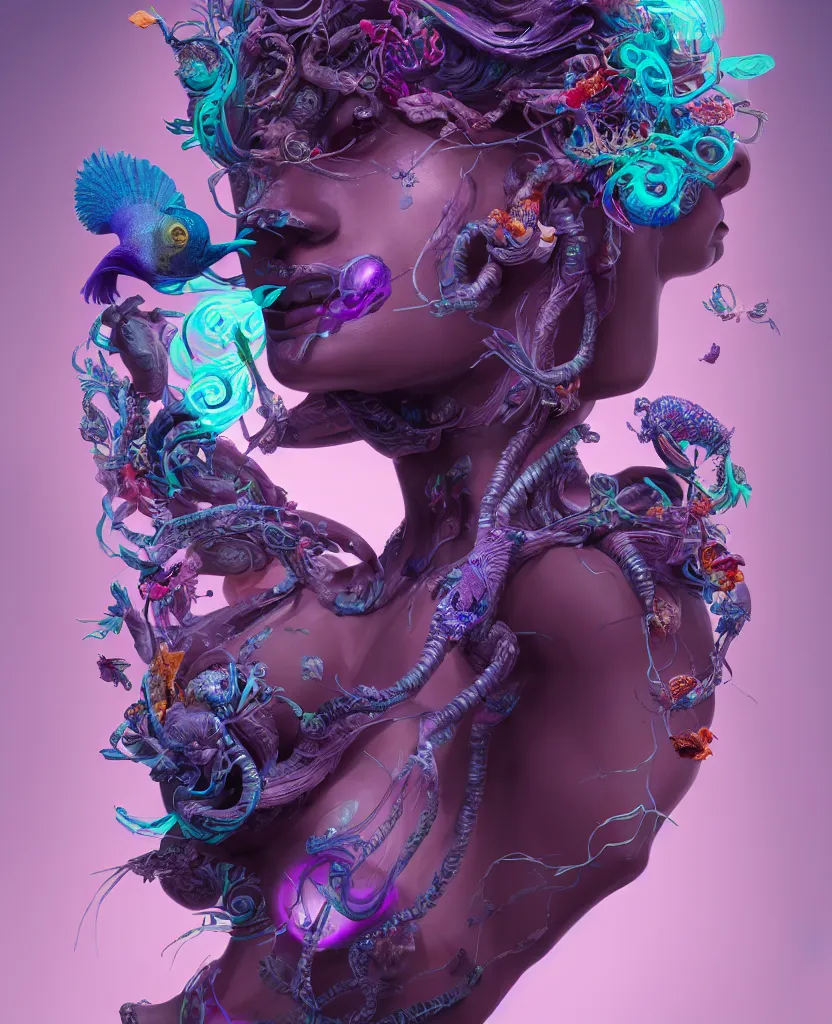 Image similar to goddess full color painted acryllic sculpture close-up portrait. orchid bird phoenix head, nautilus, skull, betta fish, bioluminiscent creatures, intricate artwork by Tooth Wu and wlop and beeple. octane render, trending on artstation, greg rutkowski very coherent symmetrical artwork. cinematic, hyper realism, high detail, octane render, 8k