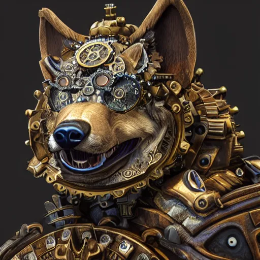 Image similar to A steampunk ornate wolf made of engraved full plate armor and gears, Macro shot by Justin Gerard, unreal engine, physically based rendering