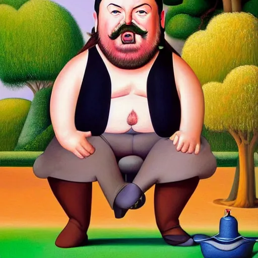 Image similar to Fernando Botero painting of Ricky Gervais relaxing and smoking weed, high definition art, extremely detailed