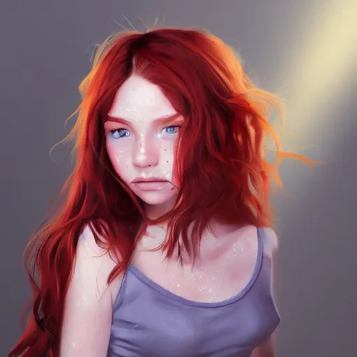 Image similar to portrait of a teen girl with freckles with long red hair and bright brown eyes, 8 k, highly detailed, digital painting, artstation, sharp focus, illustration