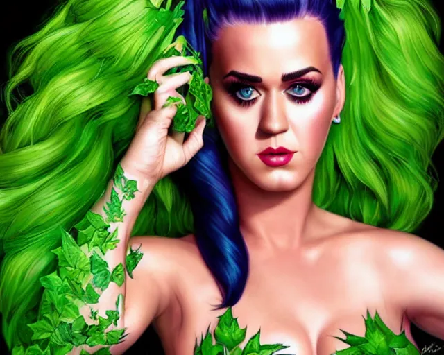 Image similar to hyper - realistic digital art, katy perry as a poison ivy, intense fan art, perfectly detailed, perfect human figure, comic book cover art, sharp, smooth, ultra fine detail, art by artgerm, wlop, rutkowski