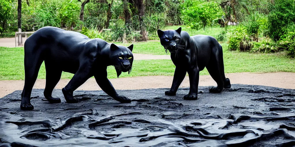 Prompt: the smooth black panther, made of smooth black goo, bating in tar in the zoo exhibit, viscous, sticky, full of tar, covered with black goo. photography, dslr, reflections, black goo, zoo, exhibit