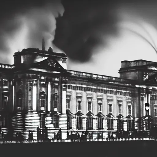 Prompt: photography of Buckingham palace collapsing in flames and dark smoke, VFX, cinematic, rule of thirds, golden ratio, evening