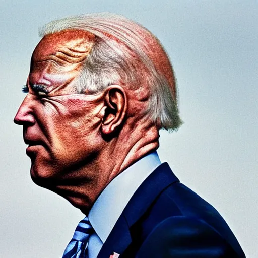 Prompt: A beautiful mixed media art of Joe Biden in profile, with their features appearing both in front of and behind their head. by David Burdeny funereal