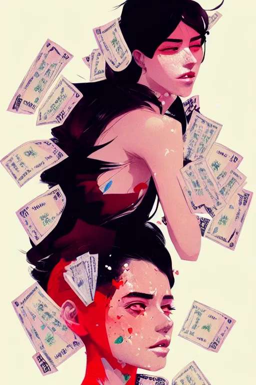 Image similar to a ultradetailed beautiful portrait panting of a stylish woman sitting on a pile of cash, by conrad roset, greg rutkowski and makoto shinkai, trending on artstation