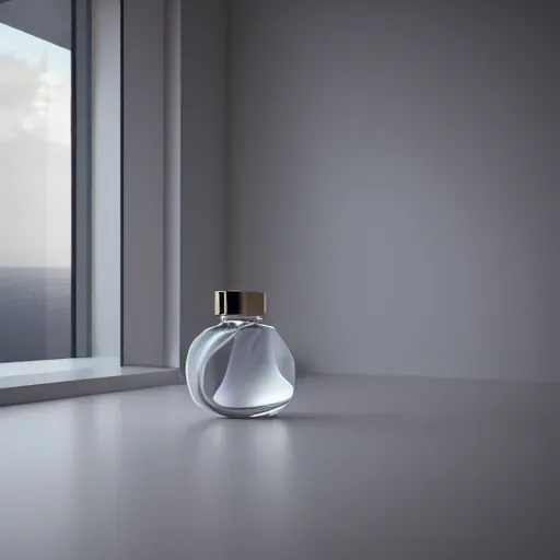 Prompt: perfume bottle on a white zen clean modern minimalist white counter in front of large circular window with ocean view, frozen and covered in ice, by peter tarka in an ivory room well contoured smooth fair walls, zaha hadid octane highly render, 4 k, ultra hd,