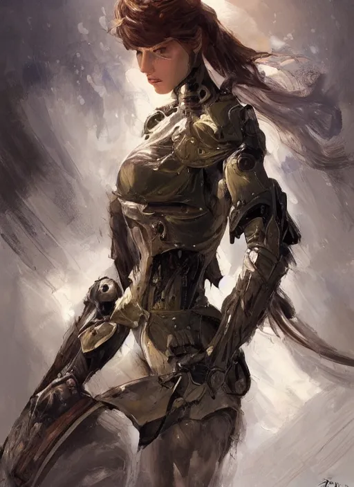 Image similar to a professional painting of a beautiful young female, clothed in military armor, olive skin, long dark hair, beautiful bone structure, symmetrical facial features, intricate, elegant, digital painting, concept art, smooth, sharp focus, illustration, from Metal Gear, by Ruan Jia and Mandy Jurgens and Artgerm and William-Adolphe Bouguerea