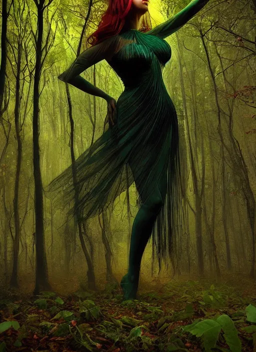 Image similar to junoesque curvaceous fey queen, vine dress, glowing forest, strong line, eerie color, beautiful! coherent! by mariusz lewandowski