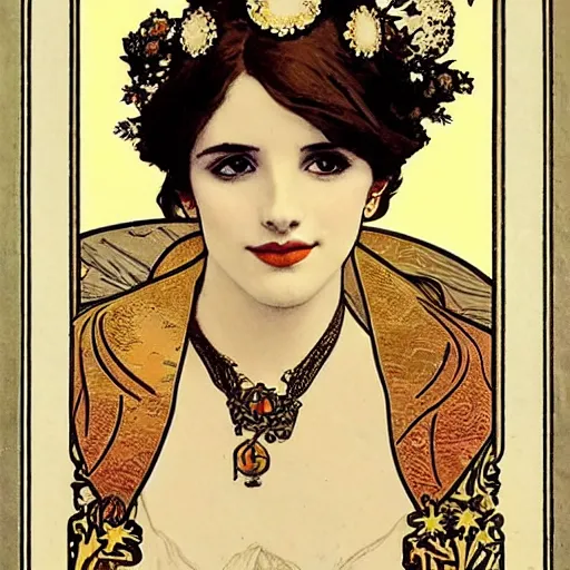 Image similar to emma roberts portrait by louis - theophile hingre and alphonse mucha, realistic, sharp focus, zodiac signs, tarot cards, planets, ethereal, art nouveau, magic, moon, sun, crown, dreamy, royal, jewellery