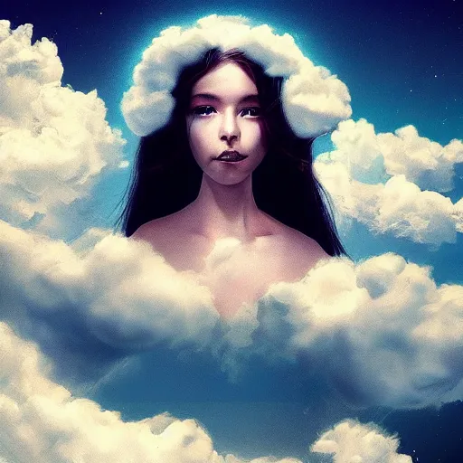 Image similar to goddess wearing a cloud fashion on the clouds up there, photoshop, colossal, creative, albino skin, giant, digital art, photo manipulation, is looking down on us from above, clouds, covered in clouds, girl clouds, on clouds, covered by clouds, airplane in the sky, white hair, digital painting, artstation