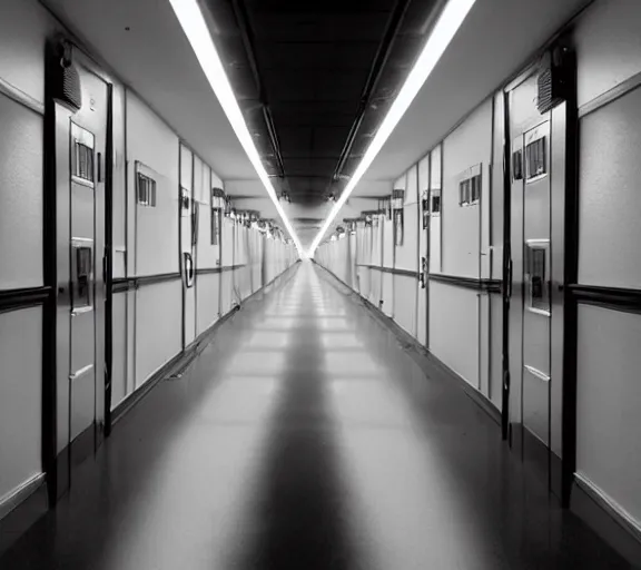 Image similar to spooky photo of an infinite hallway with open lit doorways all the way down, dramatic lighting, smoke, ceiling fluorescent lighting