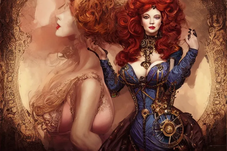 Prompt: three-quarters pose portrait of Christina Hendricks as a beautiful Lady Mechanika, very beautiful young woman, ginger wavy hair, Victorian-era push-up underwire. Intricate, steampunk imagery themed, D&D!, fantasy style, sharp focus!, ultra detailed, art by Artgerm and Peter Andrew Jones