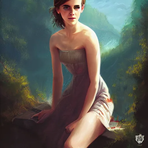 Image similar to a portrait of emma watson in a scenic environment by charlie bowater