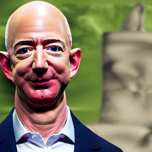 Image similar to Jeff Bezos as Dobby, pointy ears, looking scared, 4k movie shot,