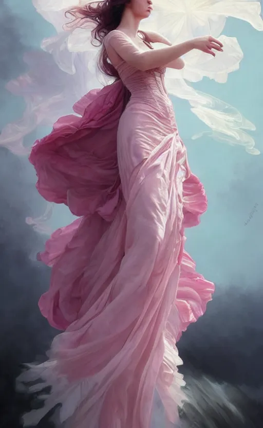 Image similar to !!beautiful!! woman dressed in a vaporous wrapped large victorian pink roses silk semi-transparent dress fashion is running, fantasy, intricate, elegant, highly detailed, digital painting, trending on artstation, concept art, matte, sharp focus, illustration, art by Artgerm and Greg Rutkowski and Alphonse Mucha