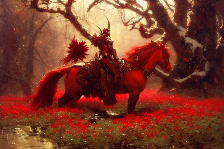 Image similar to winter, a male warrior wearing armor relaxing under a world tree with red flowers, ground covered with snow, extreme long shot, fantasy, painting by gaston bussiere, craig mullins, j. c. leyendecker, trending on artstation