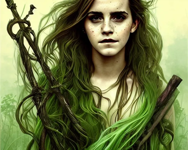 Prompt: mindblowing portrait of emma watson as a swamp witch, green colored skin, green hair, holding a caduceus staff, messy hair, deep focus, d & d, fantasy, intricate, elegant, highly detailed, digital painting, artstation, concept art, matte, sharp, illustration, hearthstone, art by artgerm and greg rutkowski and alphonse mucha