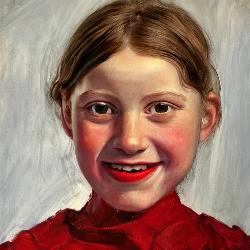 Image similar to high quality high detail painting by lucian freud, hd, beautiful young girl portrait, demonic smile, alizarin crimson and white, photorealistic lighting