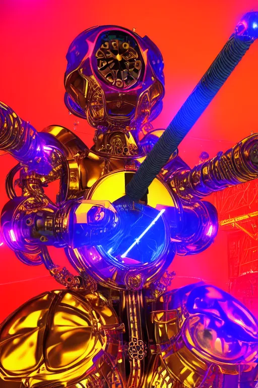 Prompt: portrait photo of a giant huge golden and blue metal futuristic steampunk robot with a red guitar covered with multicolored big gears and tubes, eyes are glowing red lightbulbs, shiny crisp finish, 3 d render, 8 k, insaneley detailed, fluorescent colors, background is multicolored lasershow