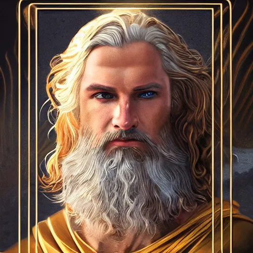 Prompt: portrait zeus, full tarot card, ornate, ultradetailed, digital art, irina french, heraldo ortega, mandy jurgens, golden ratio, art canvas, award winning, masterpiece trending on artstation 8 k 1 5 0 mpx