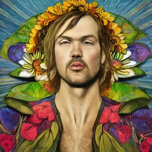 Image similar to masterpiece painting of a doug stanhope made of stylized flowers, by annie swynnerton and jean delville and tino rodriguez, flower mask, art deco shaman, symbolist, dramatic lighting, god rays, elaborate geometric ornament, clean crisp graphics, soft cool colors, smooth, sharp focus, extremely detailed