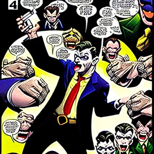 Image similar to drawing of gotham city's finest investigative reporter jack ryder with 1 4 tiny jokers reaching out of his mouth, 4 k art by brian bolland, graphic novel cover art