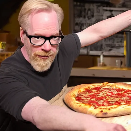 Image similar to adam savage attempting to play a pizza like a piccolo, photo realistic, extreme detail