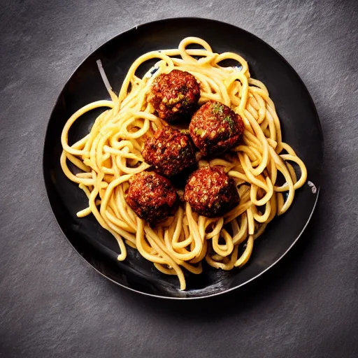 Prompt: food photography of nuclear spaghetti and meatballs