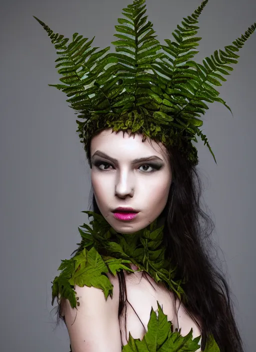 Image similar to a photo of a female model, organic headpiece, fern, vines, horn, moss, fashion photography, realistic, hyperdetails, dark grey backdrop studio, body paint