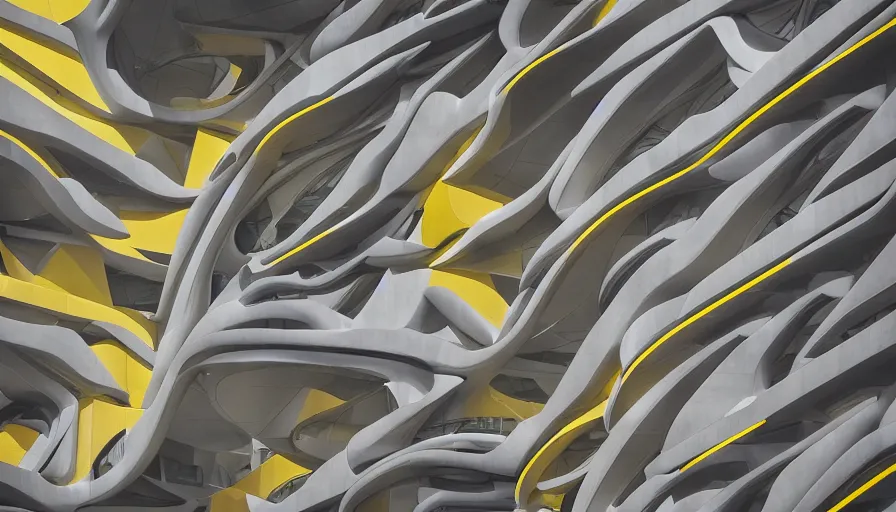 Prompt: architecture ad in the style of Zaha hadid. Film grain, cinematic, colorized, yellow hue.