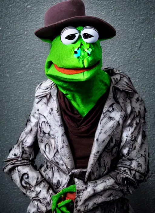 Image similar to portrait of kermit the frog dressed as micolash, host of the nightmare, by charlotte grimm, natural light, detailed face, canon eos c 3 0 0, ƒ 1. 8, 3 5 mm, 8 k, medium - format print, half body shot