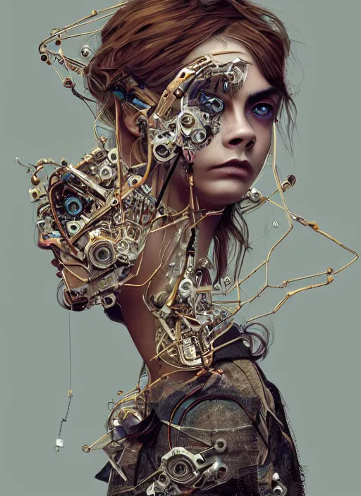 Prompt: symmetry! cara delevingne, machine parts embedded into face, tubes and cables, intricate, elegant, highly detailed, digital painting, artstation, concept art, smooth, clockwork, sharp focus, illustration, art by artgerm and greg rutkowski and alphonse mucha, 8 k