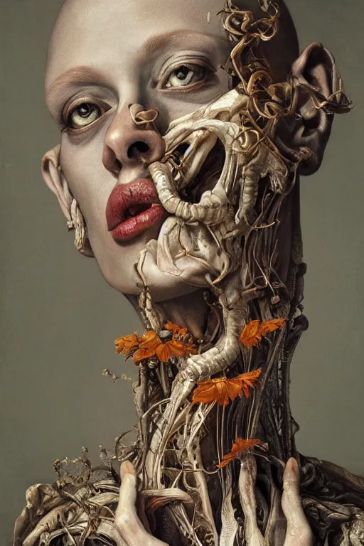 Image similar to Detailed maximalist portrait of a greek god with large lips and eyes, scared expression, botanical skeletal with extra flesh, HD mixed media, 3D collage, highly detailed and intricate, surreal illustration in the style of Jenny Saville, dark art, baroque, centred in image