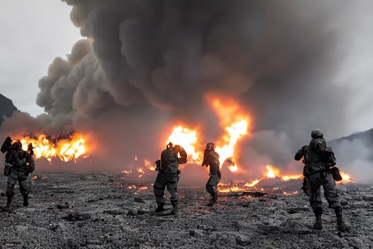 Prompt: Mercenary Special Forces soldiers in grey uniforms with black armored vest and black helmets assaulting a burning exploding devastated fjord Norway nuclear explosion artillery in 2022, Canon EOS R3, f/1.4, ISO 200, 1/160s, 8K, RAW, unedited, symmetrical balance, in-frame, combat photography, colorful