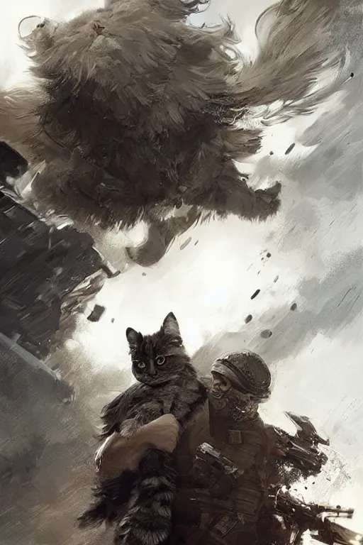 Image similar to a sodier with a head of a british longhair cat in the war, epic scene, by nick silva and ross tran and ruan jia