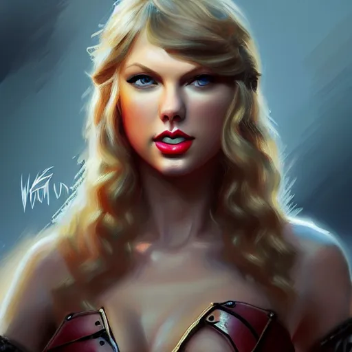 Image similar to taylor swift as a warrior maiden by wlop and glen rutkowski, mate painting, concept art, artstation