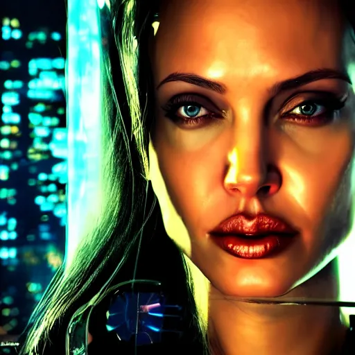 Prompt: angelina jolie portrait, Cyberpunk 2077, cyberpsycho, photorealistic, ultra detailed, neon, octane, bokeh, cyber, cyberpunk city, feature, scars, cyberface, 8k