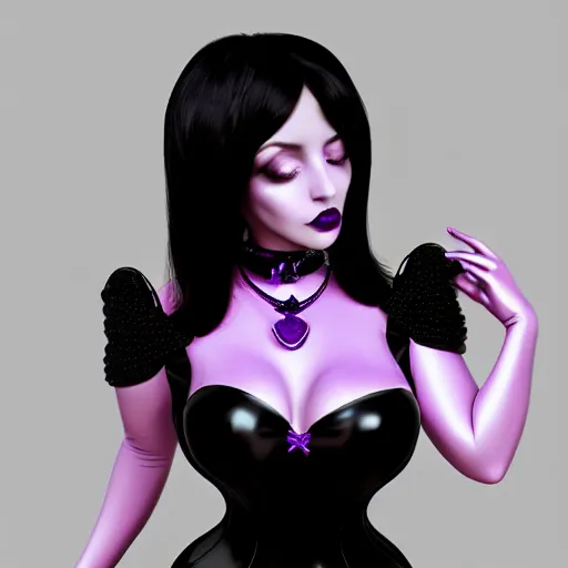 Image similar to curvy feminine goth woman with dignified elaborate tight purple-black-silver nylon and latex ballroom gown, black choker necklace, amorous posture, photorealistic, cgsociety, sublime, 16k, smooth, sharp focus, ArtStation, hyperdetailed, volumetric lighting
