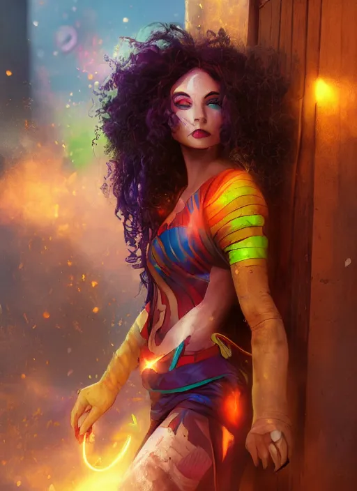 Image similar to an epic fantasy comic book style portrait painting of a girl wearing colorful makeup with a smile and curly brown hair stepping out of a doorway with light shining behind her, unreal 5, daz, hyperrealistic, octane render, cosplay, rpg portrait, dynamic lighting