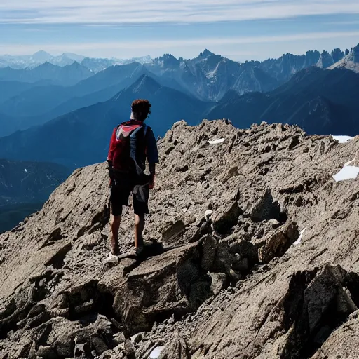 Prompt: a man on the summit of Pyrenees mountains in the summer